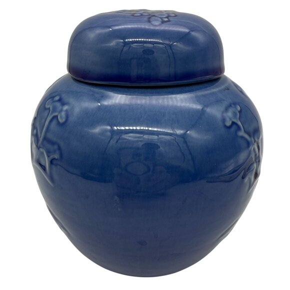 Metlox Blue Cherry Blossom Jar w/ Lid Embossed Floral Vase California Pottery - Picture 4 of 10